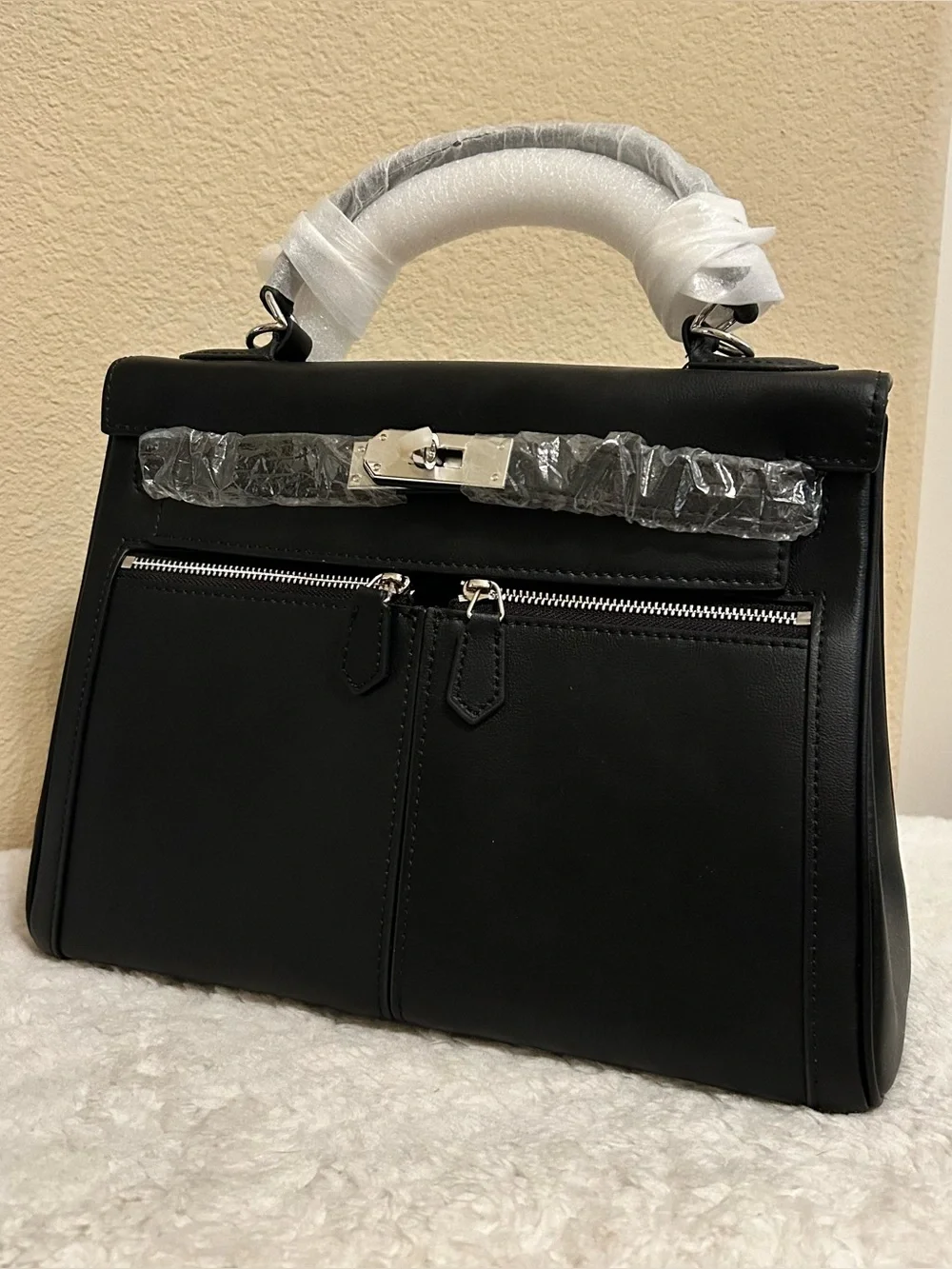 28cm Black Top Handle Double Front Pocket Leather Satchel
